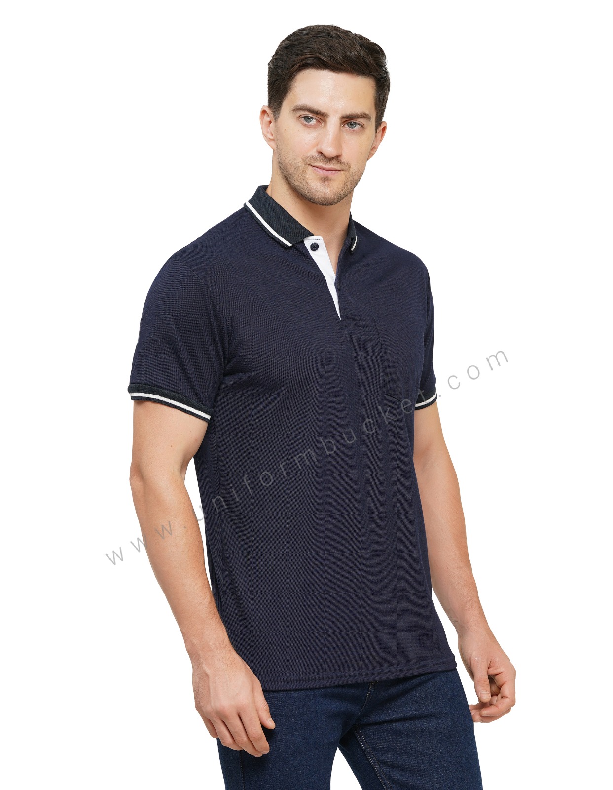 NAVY BLUE T-SHIRT WITH COLLAR & SLEEVE  WHITE TIPPING thumbnail 2